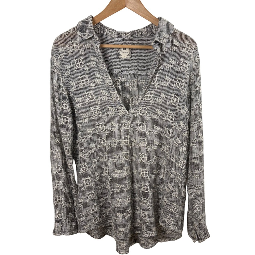 Namsar Linen Deep V-Neck Pullover Shirt Womens S Embroidered Textured Open Weave
